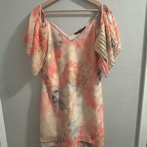 White House Black Market‎ Floral Dress Pleated Sleeves Sheer Overlay S